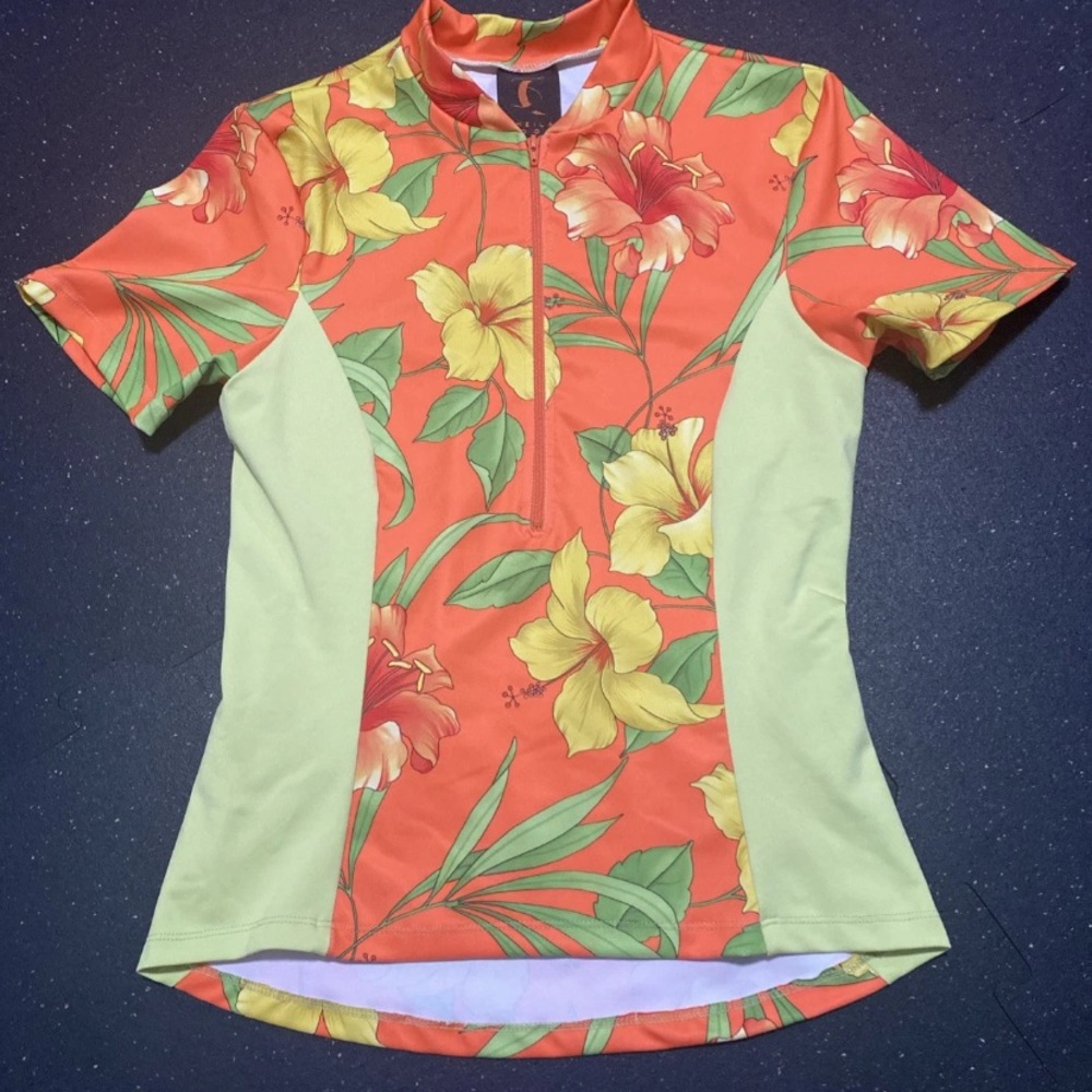 Sheila Moon Women's Orange Hibiscus Cycling Jersey Size Medium 1/4 Zip Pullover